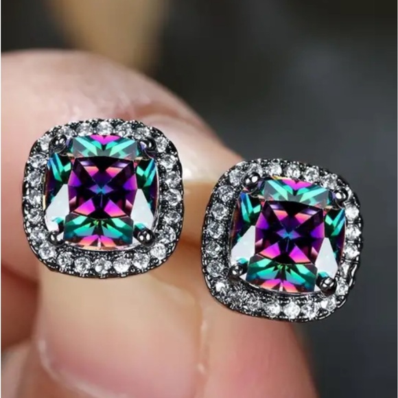 Multicolour Square Shape Crystal/Cubic Zirconia Stud Earrings. - Picture 1 of 6